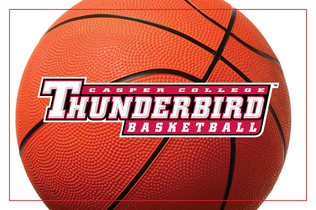 Casper College Thunderbird Basketball logo with a basketball in the background.